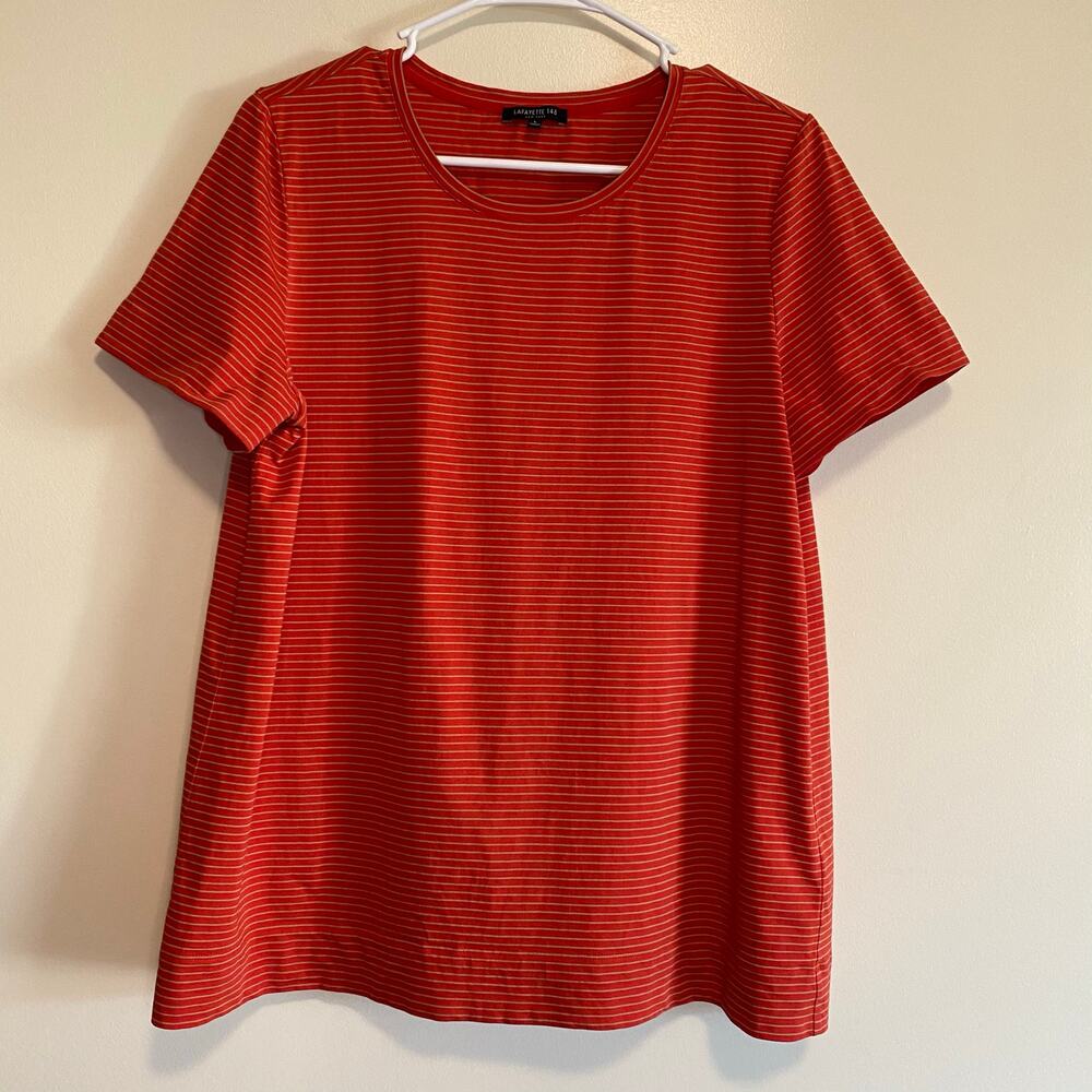 Lafayette 148 NY Women's L The Modern Striped Tshirt Bonfire Orange Short Sleeve